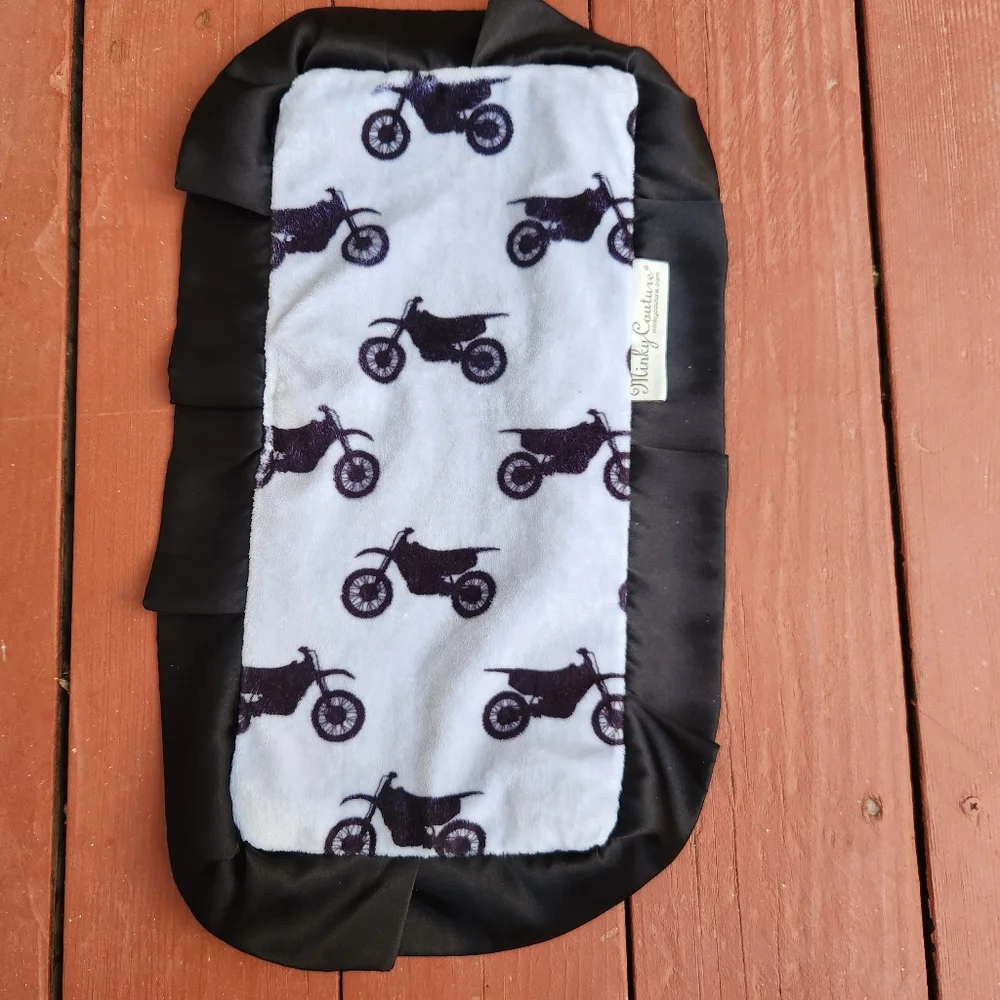 MINKY COUTURE Baby Burp Cloth Security Blanket Black Motorcycle Print Ruffle - Picture 4 of 10